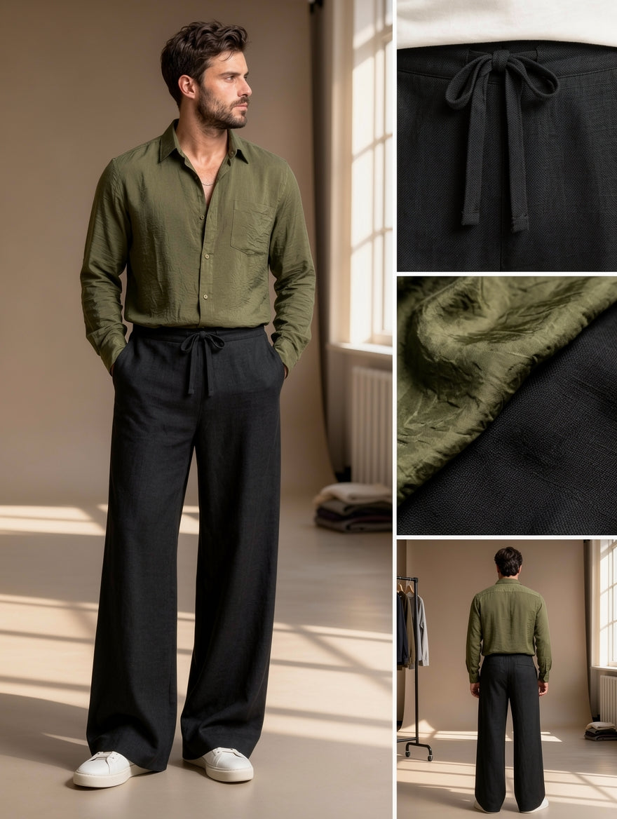 A man modeling a two-piece outfit consisting of an olive green linen button-up shirt and black wide-leg linen trousers with a drawstring waist. The image is a multi-panel collage showing the full-body model, a close-up of the black drawstring waist of the trousers, a close-up of the textured olive green linen fabric, and a back view of the model wearing the outfit.