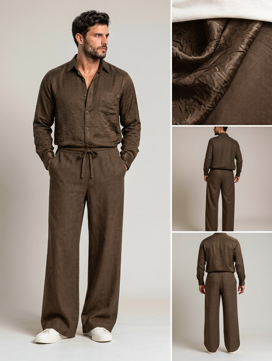A man modeling a matching brown two-piece lounge set with a textured long-sleeve shirt-jacket and wide-leg pants, shown in a main studio view and three smaller inset views highlighting fabric texture, back view, and full body from the back.