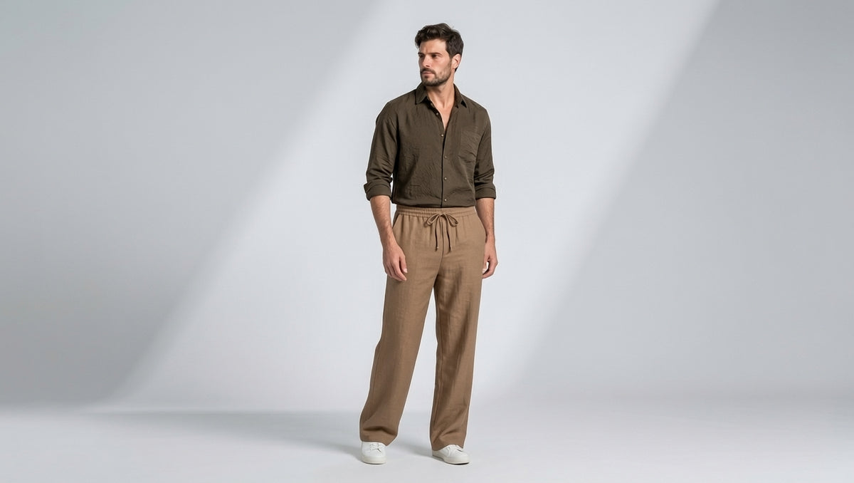 A man modeling a dark brown button-up shirt and Khaki drawstring trousers against a light gray studio background with dramatic diagonal lighting.