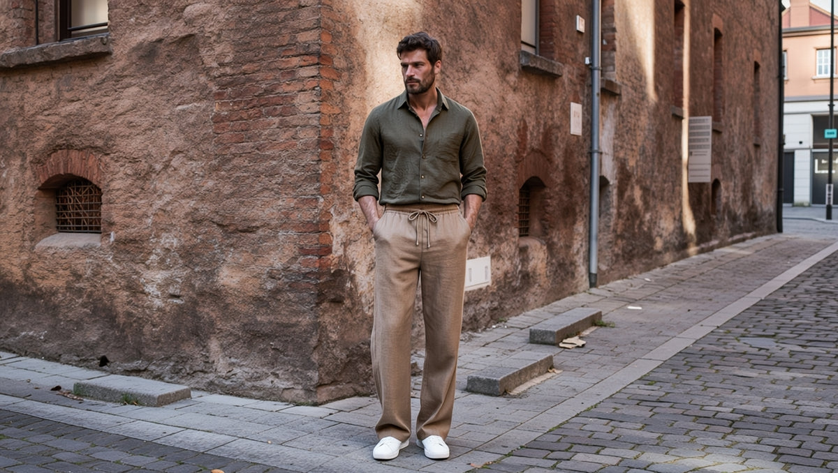 A man stands on a cobblestone street in front of a rustic brown brick building, wearing an olive green long-sleeve shirt, beige drawstring trousers, and white sneakers.