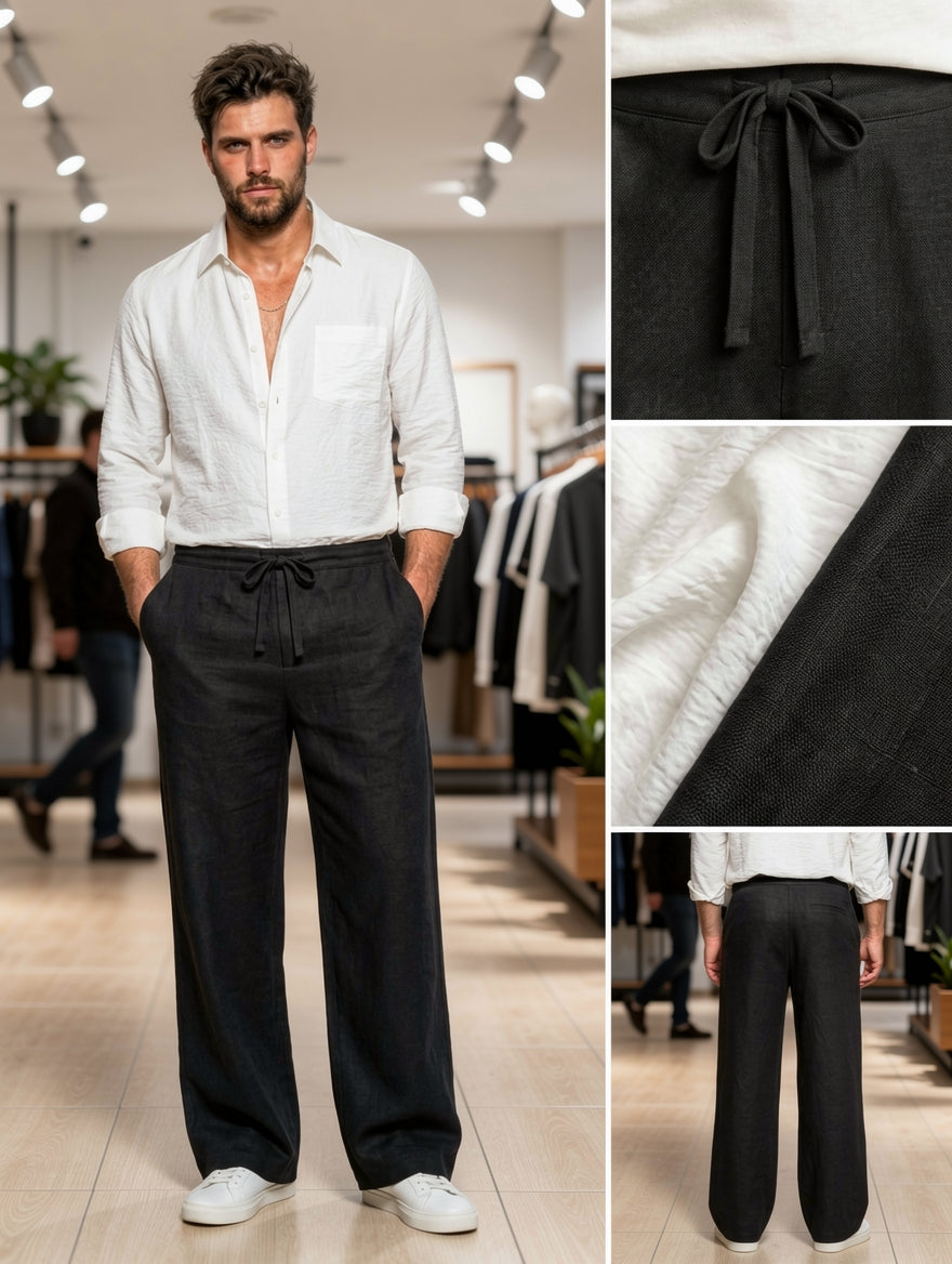 A man modeling wide-leg black drawstring trousers in a clothing store, with three close-up inset panels on the right showing the waistband, fabric texture, and back view of the pants.