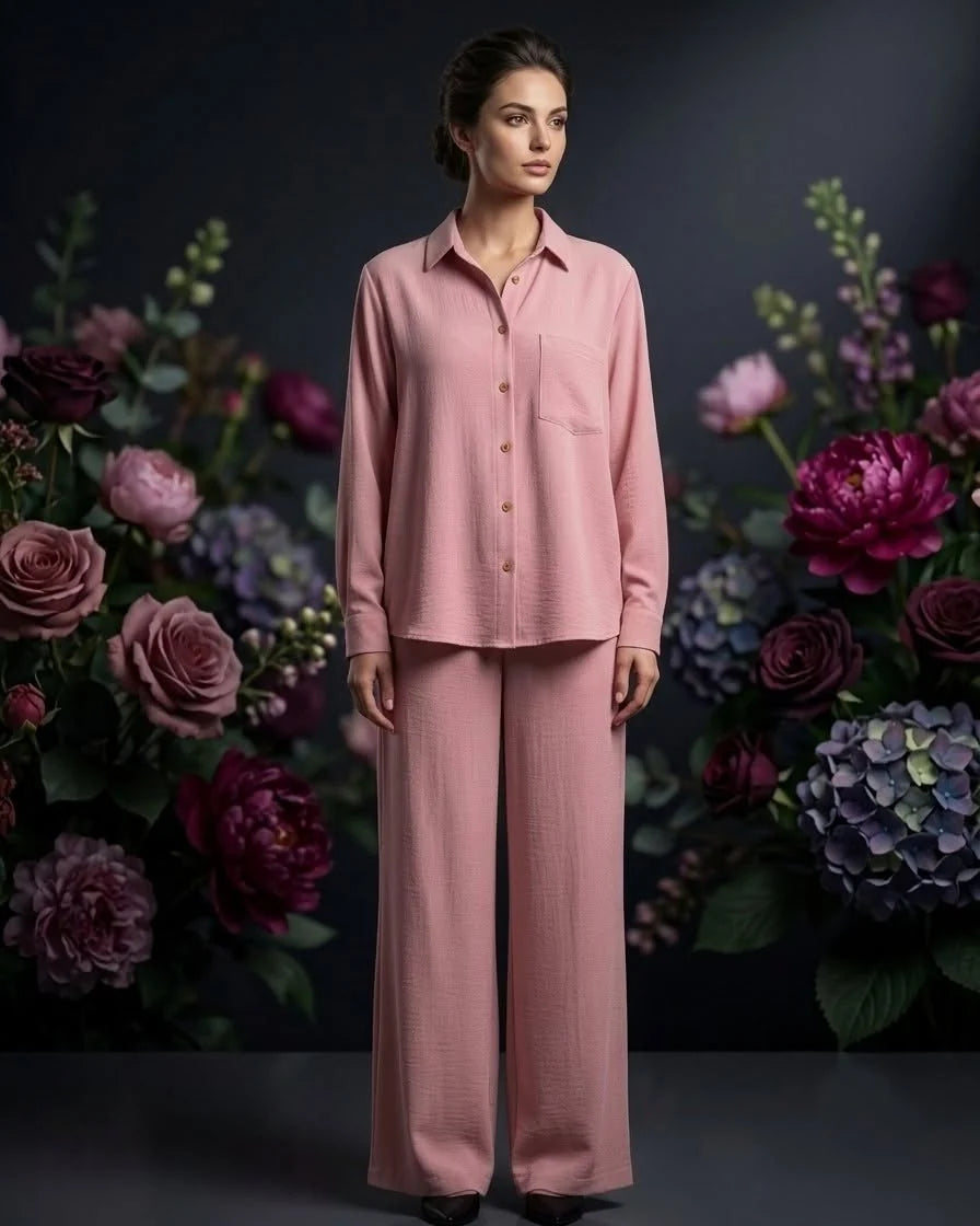 A woman stands facing forward wearing a matching dusty pink two-piece set with a long-sleeve button-front top and wide-leg pants. She is posed in front of a dark studio background filled with large floral arrangements in pink, purple, and blue tones.