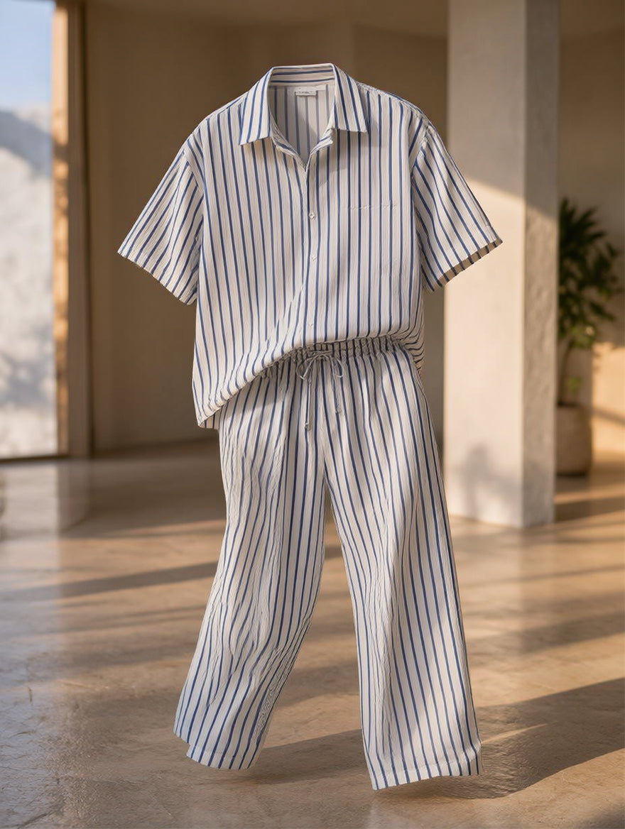 A two-piece matching set consisting of a short-sleeve button-up shirt and wide-leg pants, both featuring vertical navy blue stripes on a white base. The set is displayed floating against a warm, sunlit modern interior background.
