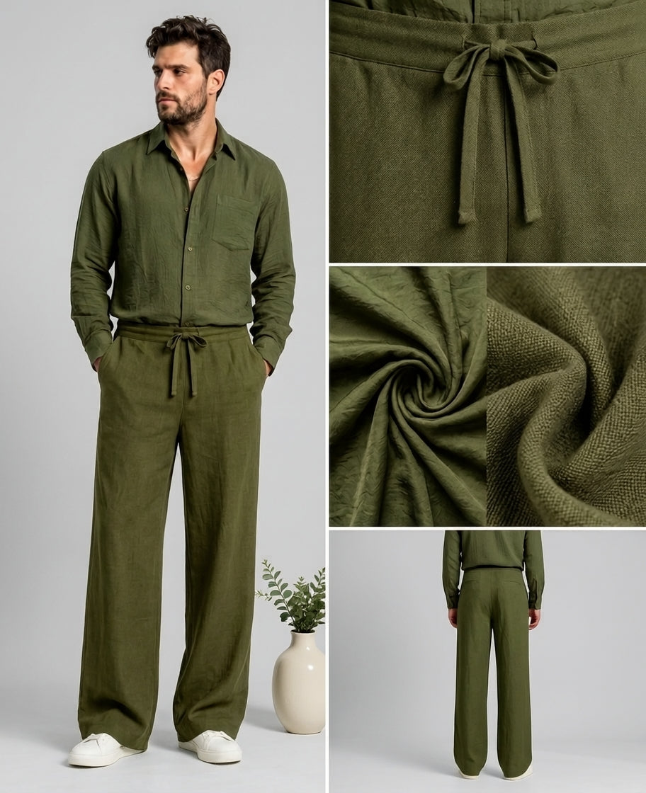 A man modeling an olive green two-piece linen set consisting of a long-sleeve button-up shirt and matching wide-leg trousers with a drawstring waist. The image is a multi-panel collage showing the full-body model, a close-up of the drawstring waist, the textured fabric of the shirt, and a back view of the trousers.