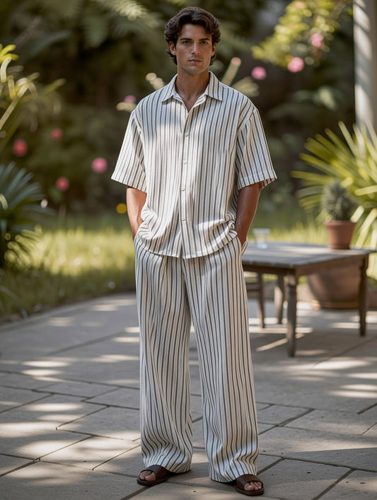 A man wearing a matching short-sleeve button-up shirt and wide-leg trousers pajama set with thin vertical stripes, standing in a garden patio setting.