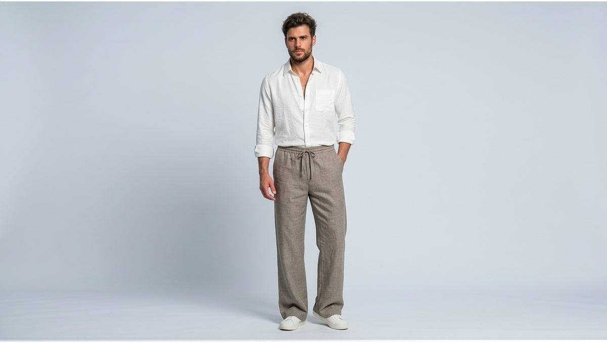 A man modeling a white long-sleeve button-up shirt and almond brown drawstring trousers against a light gray studio background.